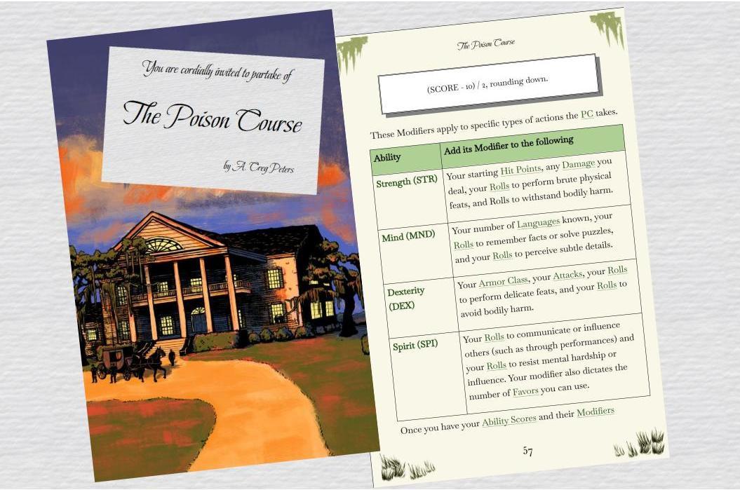 The cover and an interior page of The Poison Course.